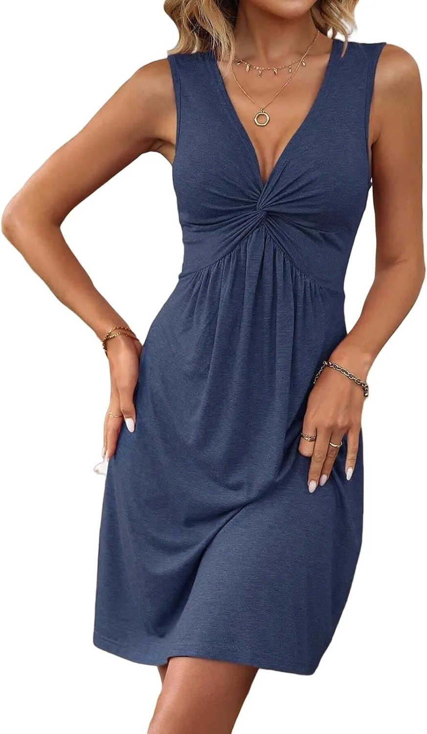 ZWRXW Sleeveless Dresses for Women 2025 Twist Front V Neck Ruffle Casual Summer Dress Sexy Cute Tunic Bodycon Mini Dresses